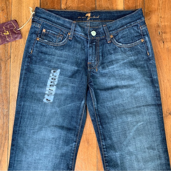 7 For All Mankind 7FAM Dojo Argyle Jeans Wide Leg Flare Dark Wash Low Rise - Picture 4 of 13